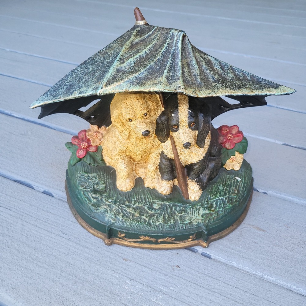 Vintage Cast Iron Doorstop Puppies In A Garden With Umbrella Excellent Condition